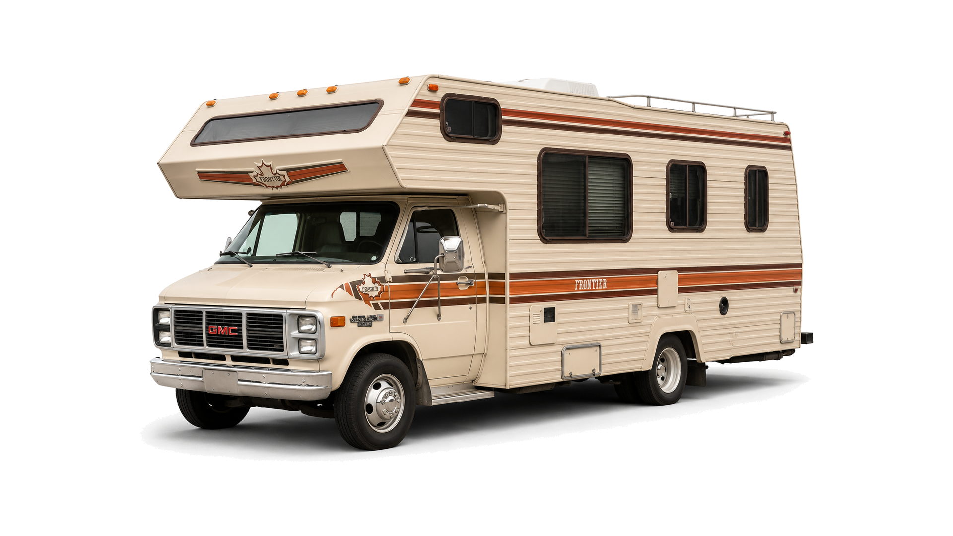 The 1984 Frontier Class C motorhome, front three-quarter view showing the GMC cab and over-cab bunk